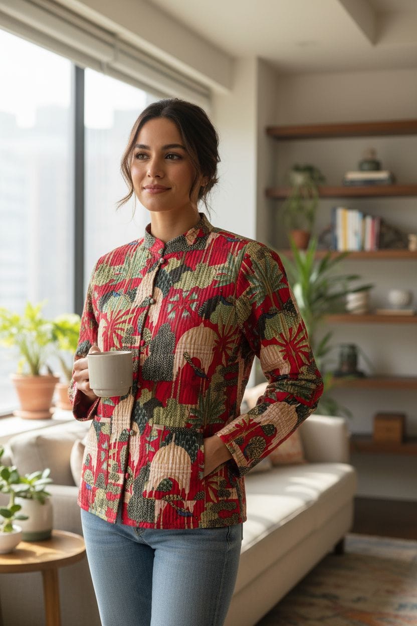 Beautiful Red Pure Cotton Quilted Reversible Print Jackets