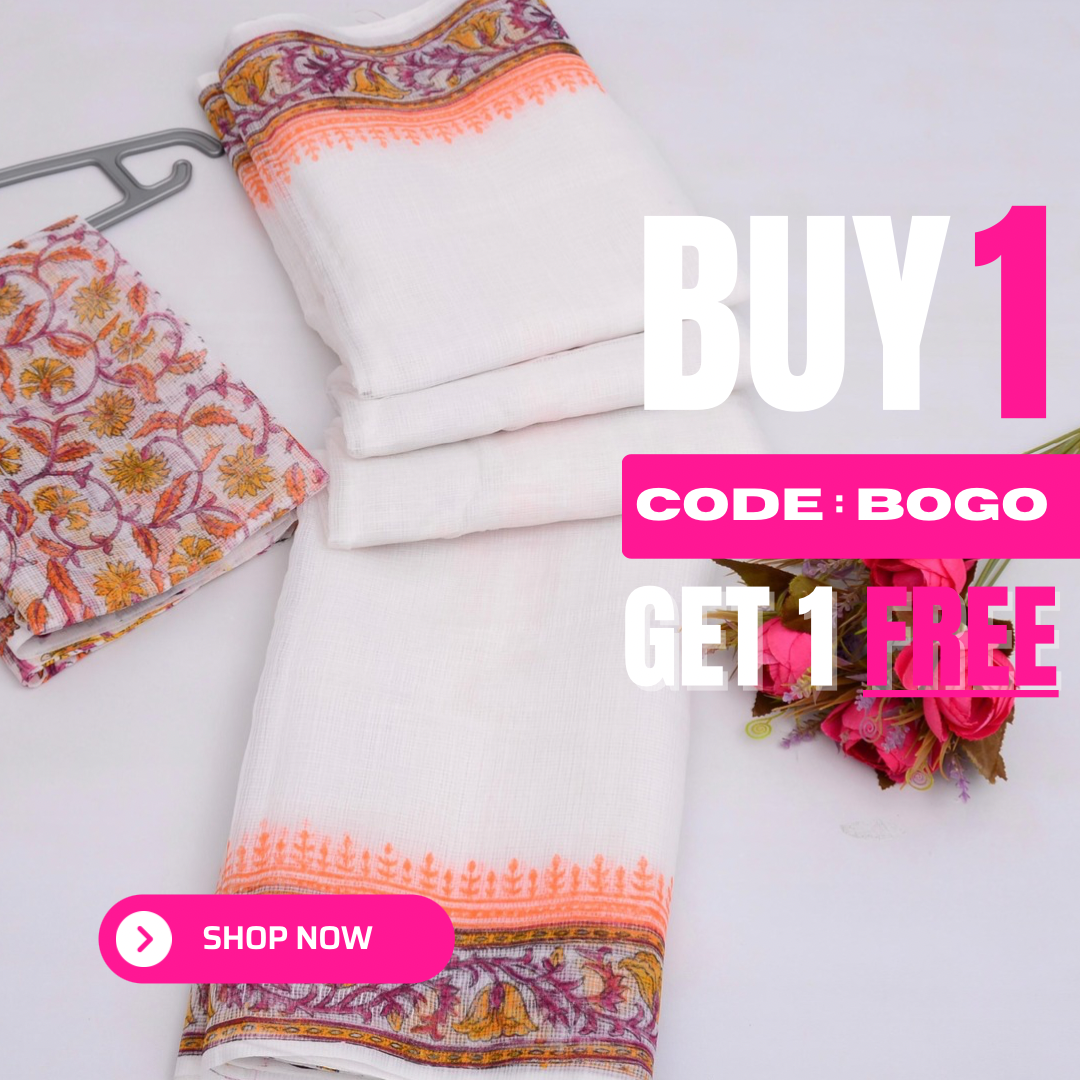 Sajni- White Kota Doria Hand Block Print Saree