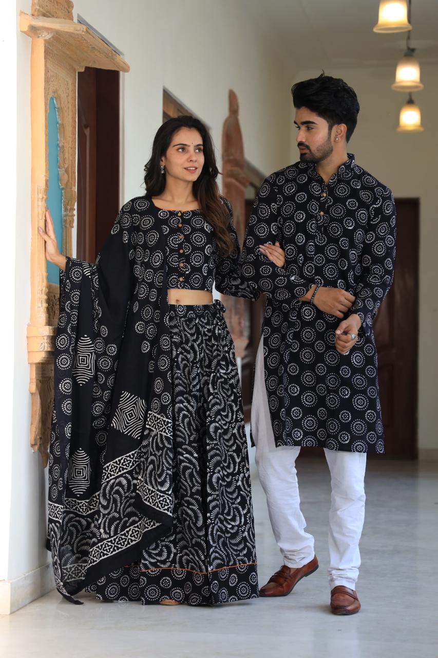 Black colour Pure Cotton Twinning Couple Set In Block Print