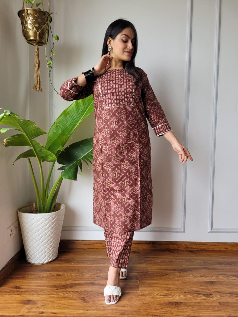 Brown Bagru Hand Block Printed Suit