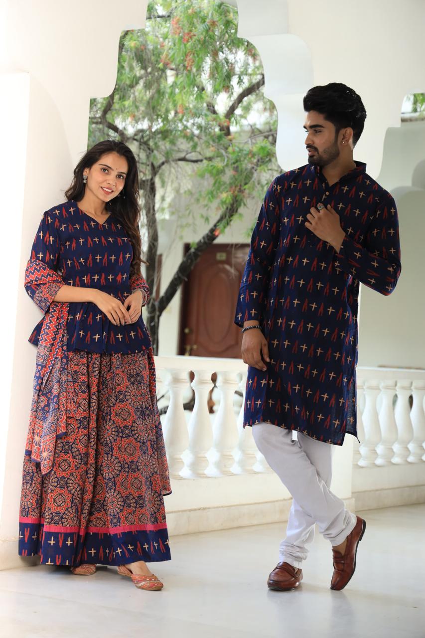 Jamuni colour Pure Cotton Twinning Couple Set In Block Print