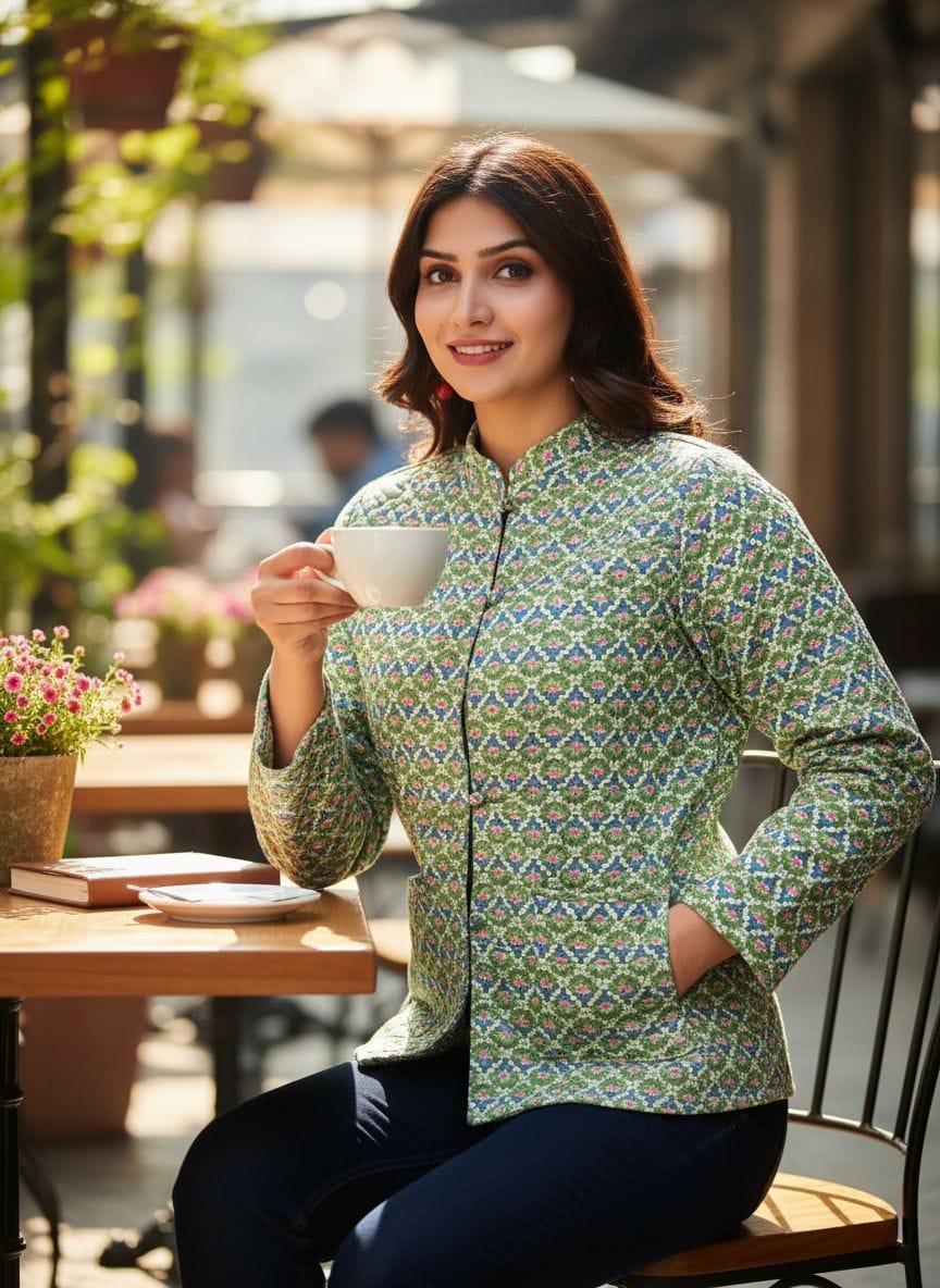 Beautiful Green Pure Cotton Quilted Reversible Print Jackets