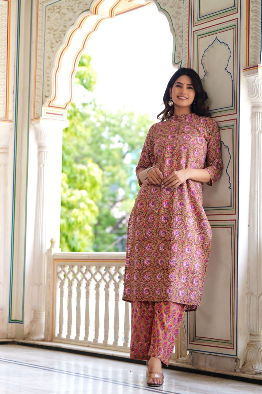 Peach Block Print Suit Set With Dupatta
