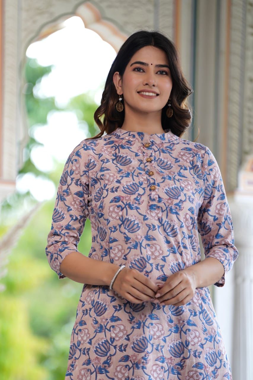 Blue Block Print Suit Set With Dupatta