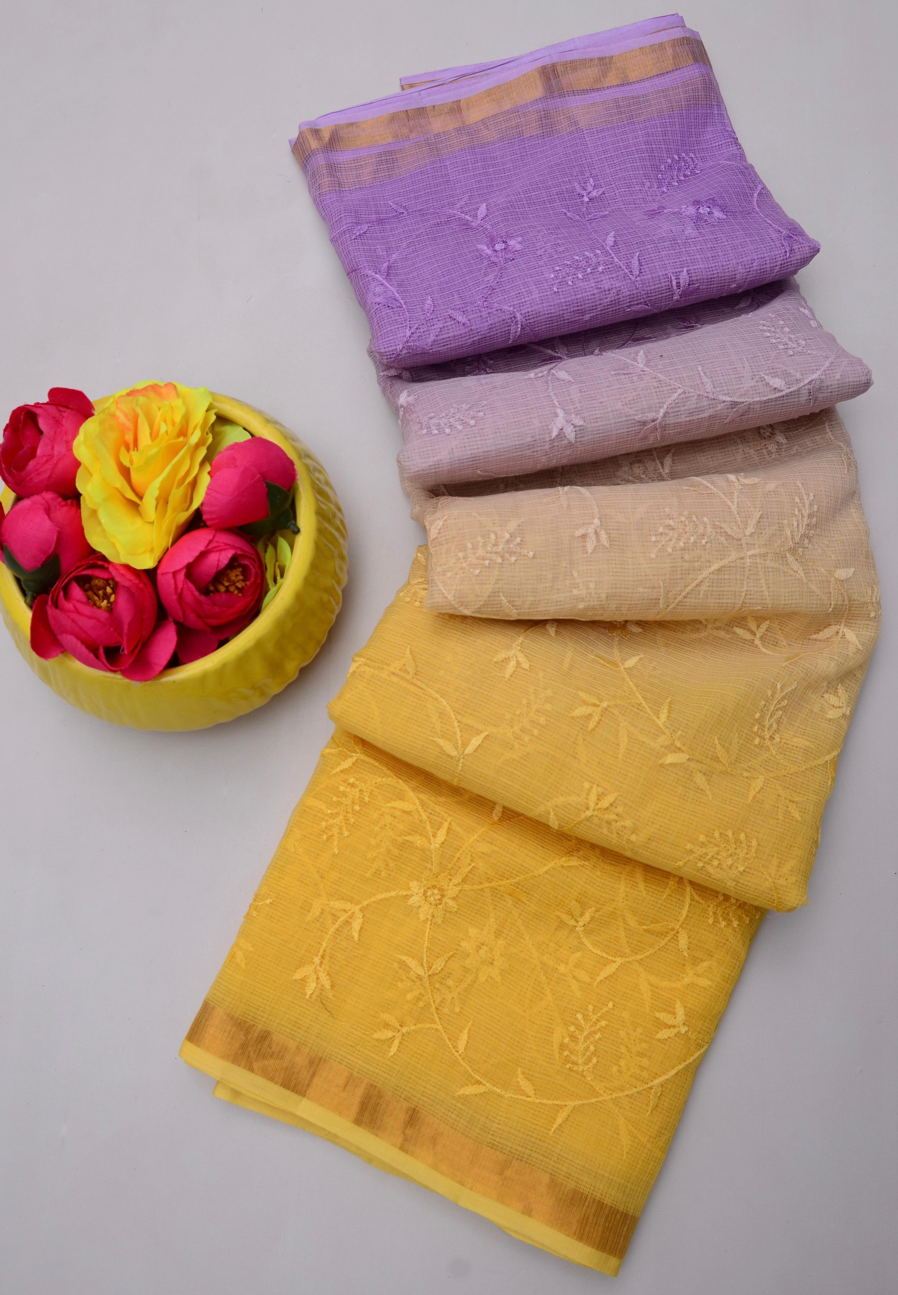 Rajrani- Yellow & purple Kota Doria All Over Embroidery Work Saree