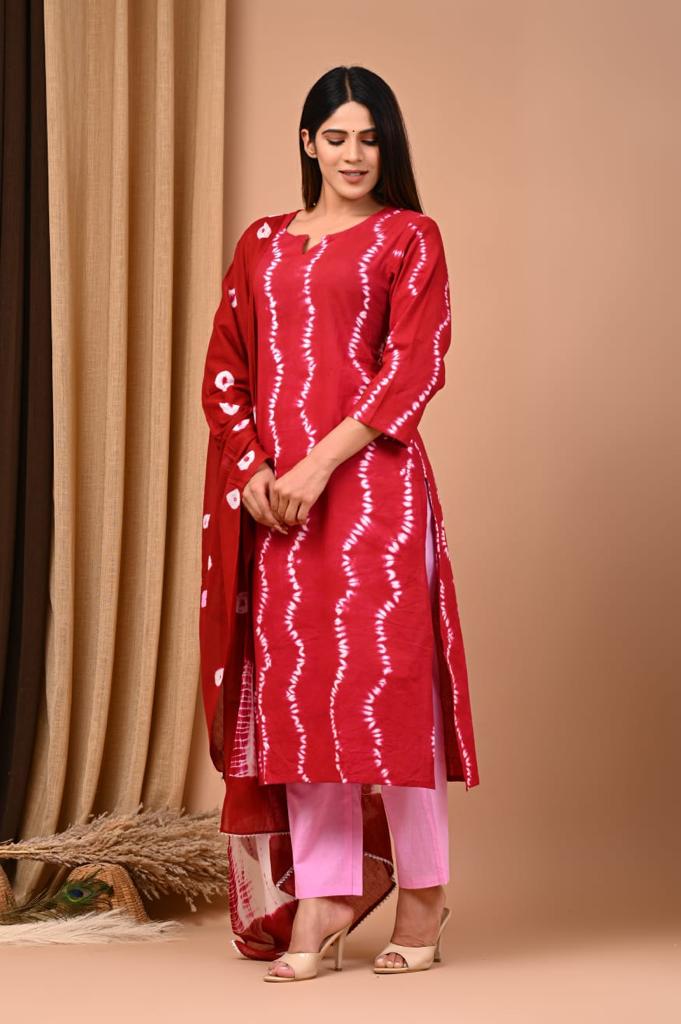 Red Block Print Suit Set With Dupatta