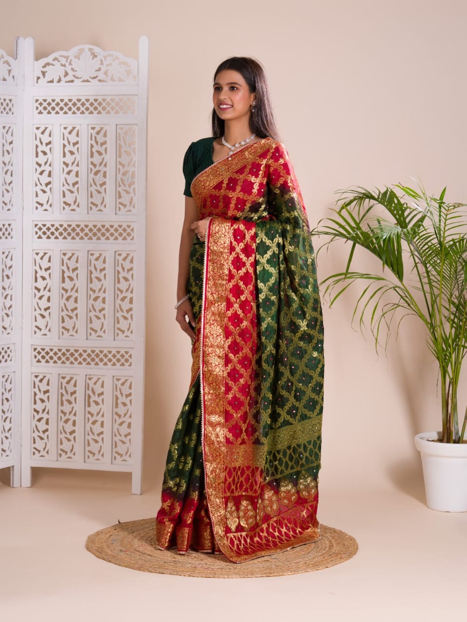 Green & Red Ghatchola Banarasee Silk Hand Mirror Work Saree