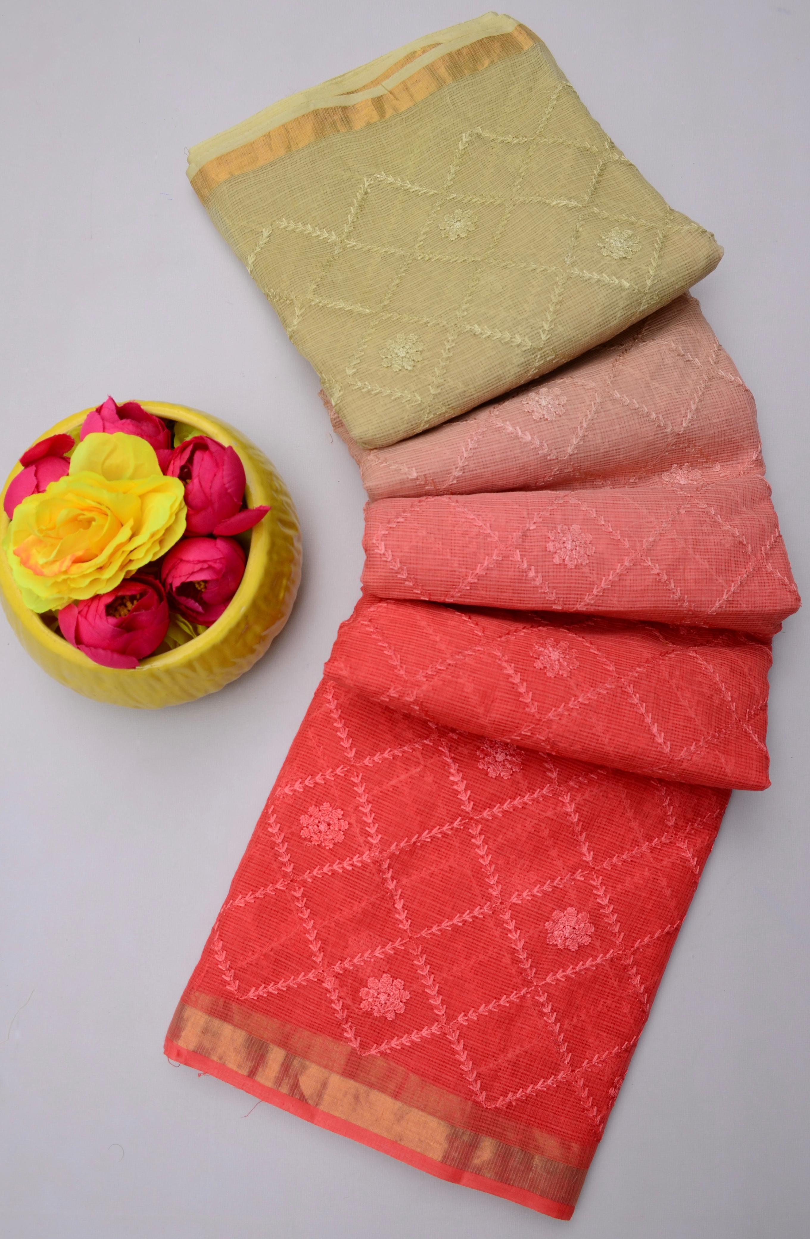 Kunwari- Red & Beige Kota Doria All Over Embroidery Work Saree