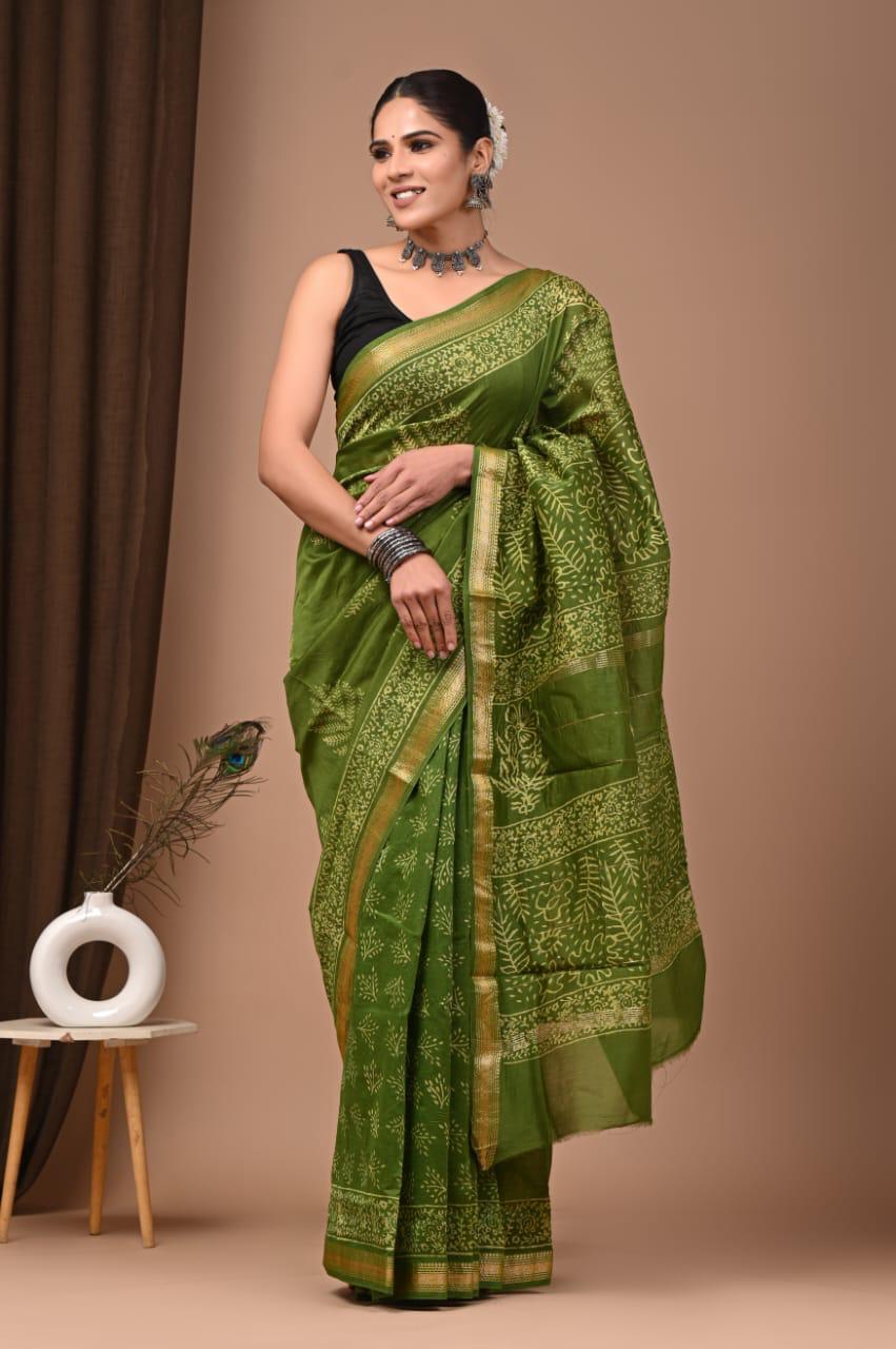 Green Maheshwari Silk Bagru Hand Block Print Saree
