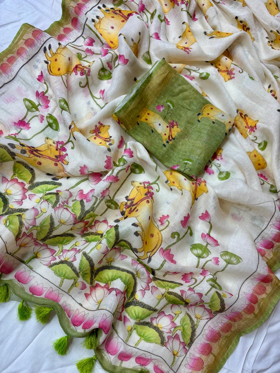 Varini Off White Floral Print Pure Linen Saree