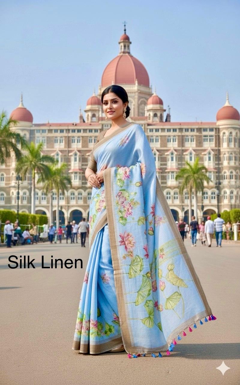 Keya Light Blue Floral Pure Linen Saree