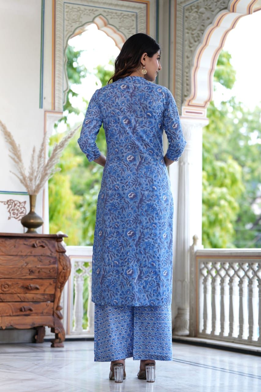 Cotton Straight Kurta Plazzo Set in Blue