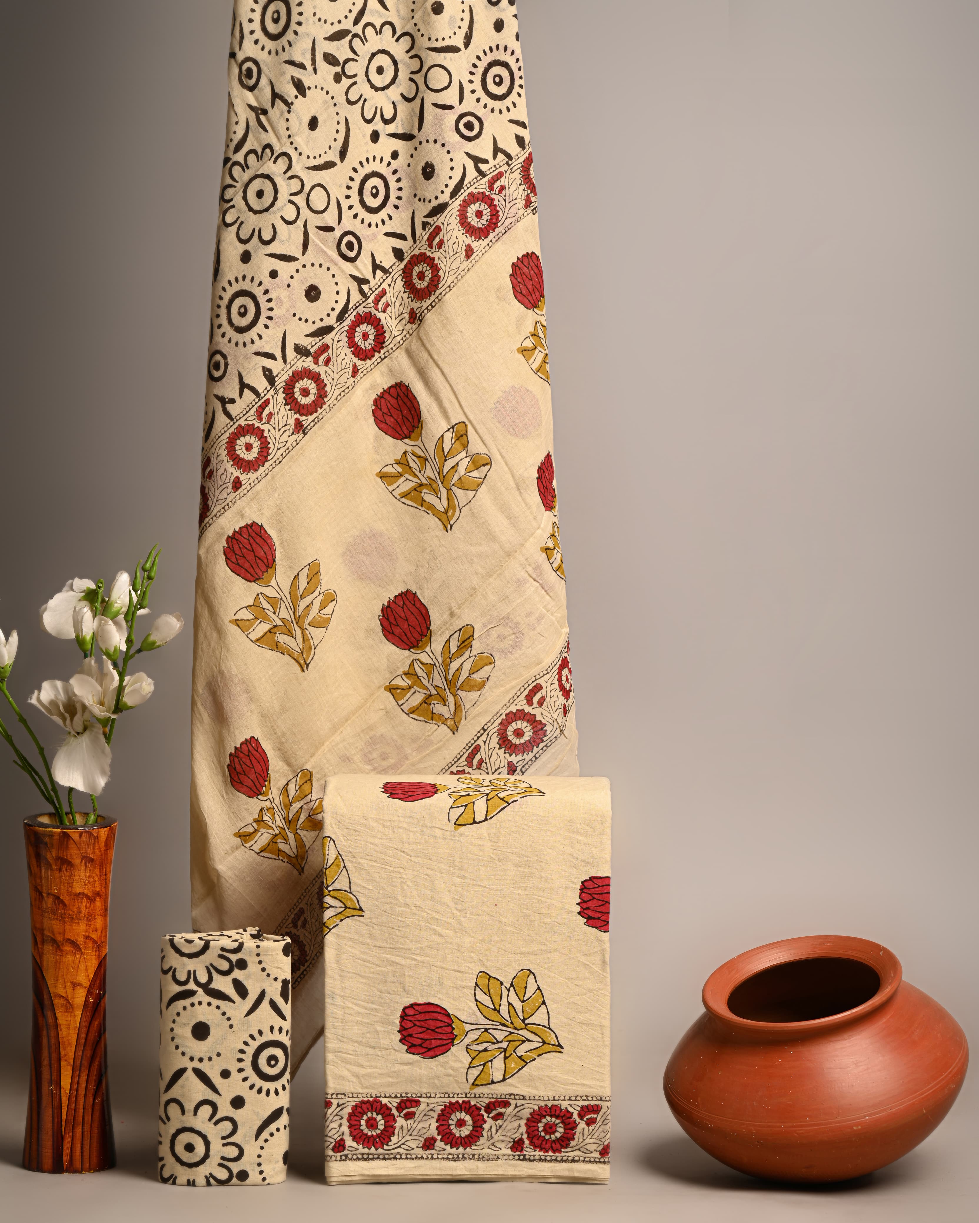 Cream Indigo Hand block Print Cotton suit