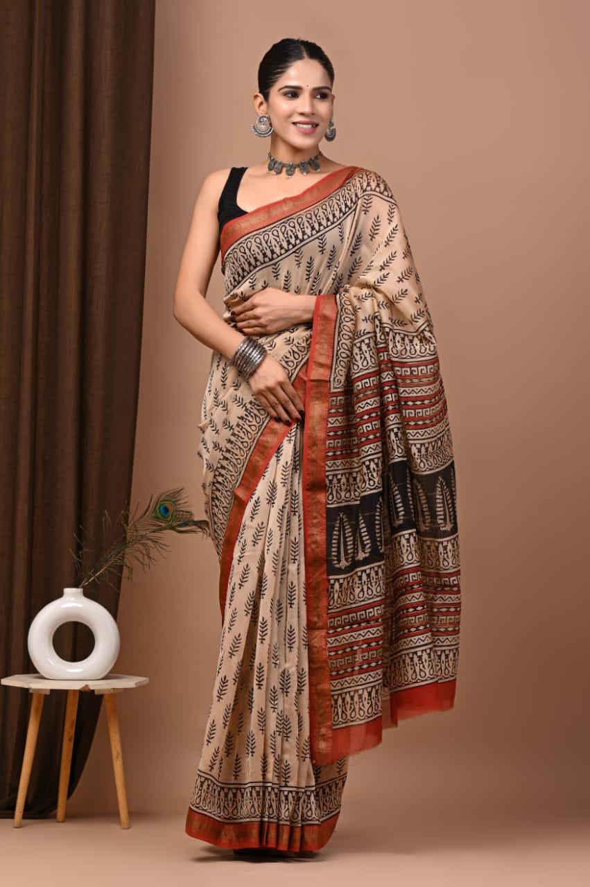 Skin Colour Maheshwari Silk Bagru Hand Block Print Saree