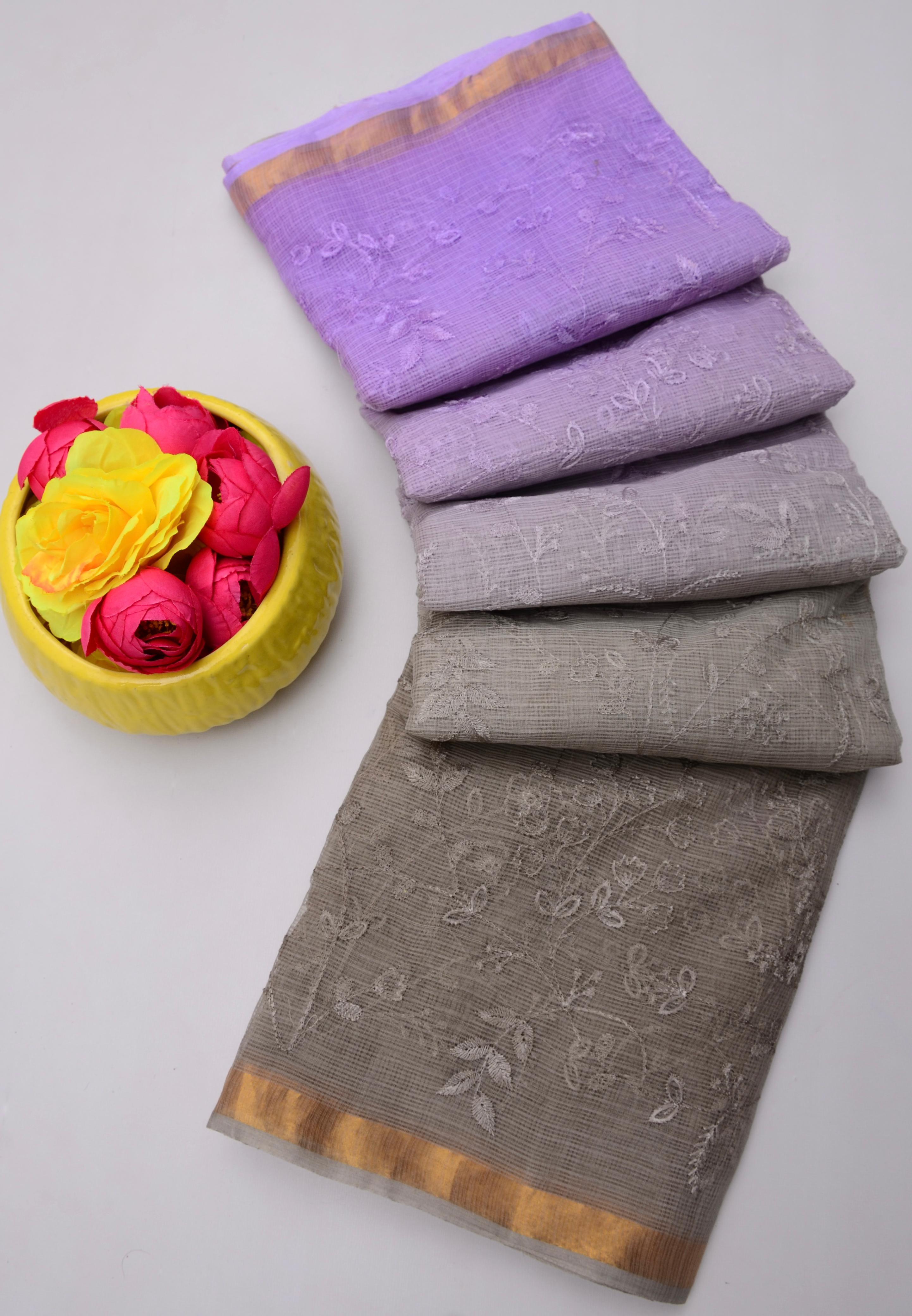 Kanchan- Grey & Light Purple Kota Doria Embroidery Work Saree