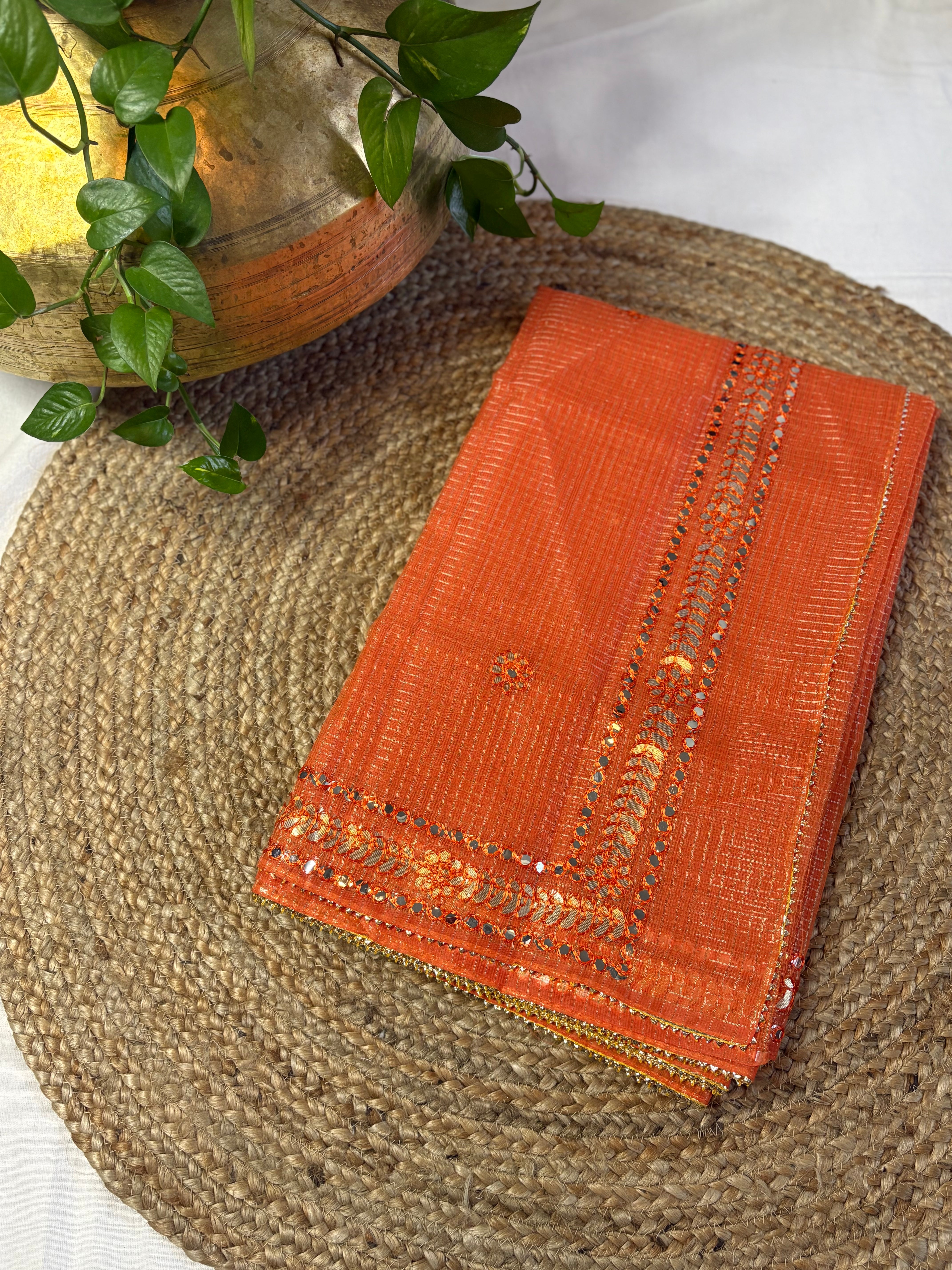 Bandhuri Orange Kota Doria Gota Patti Saree