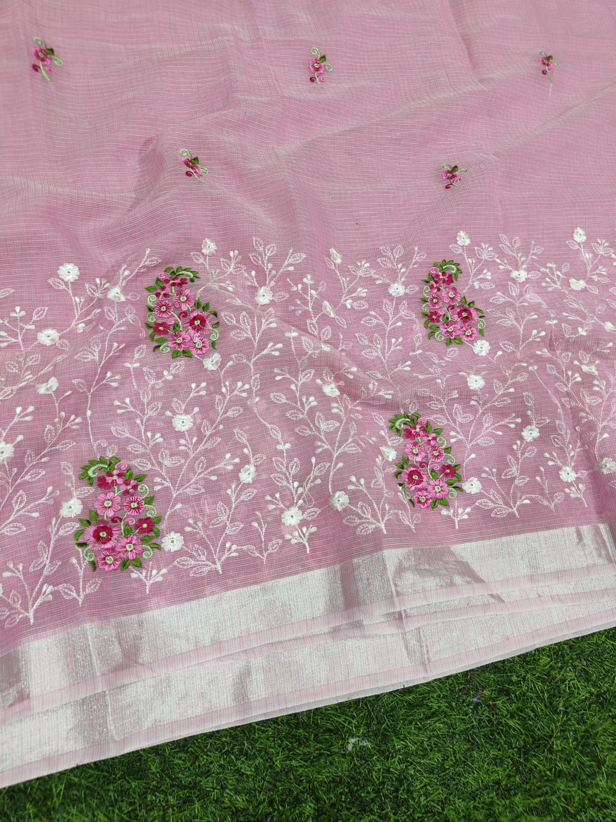 Pink Kota Doria Embroidery Work Sari