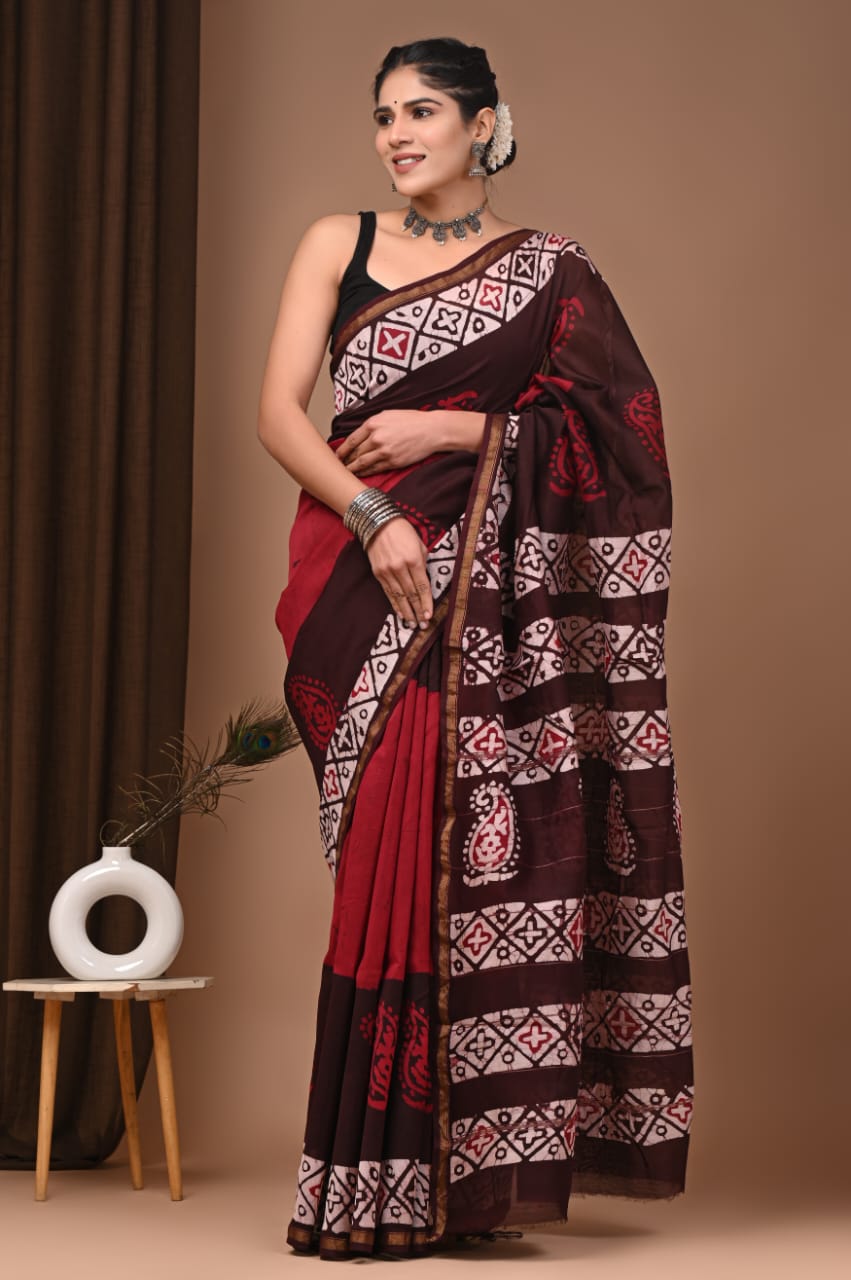Red & Brown Chanderi Saree Block Printed