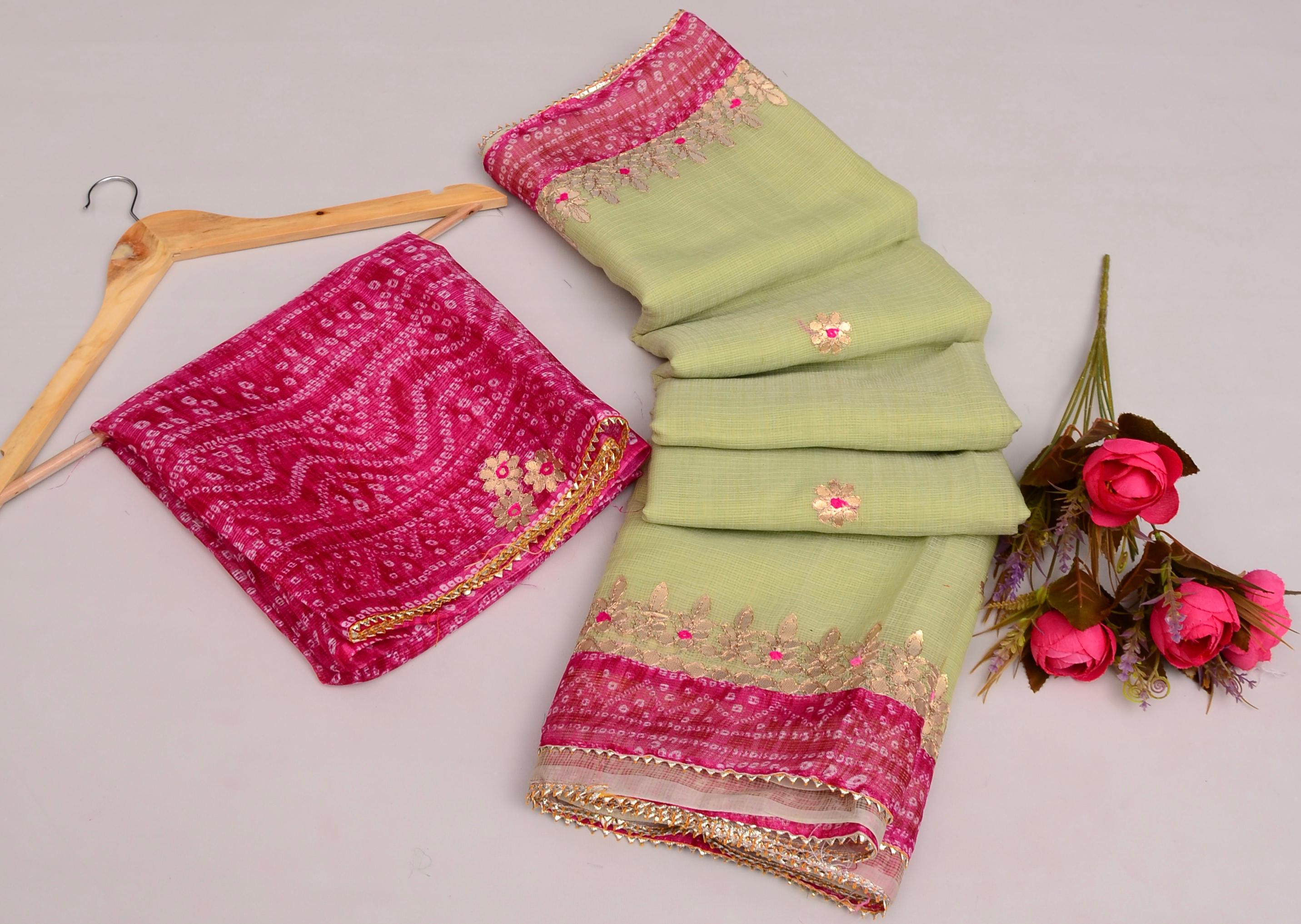 Kanak- green Kota Doria Gota Patti Saree