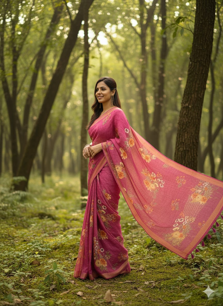 Ditya Pink Floral Pure Linen Saree
