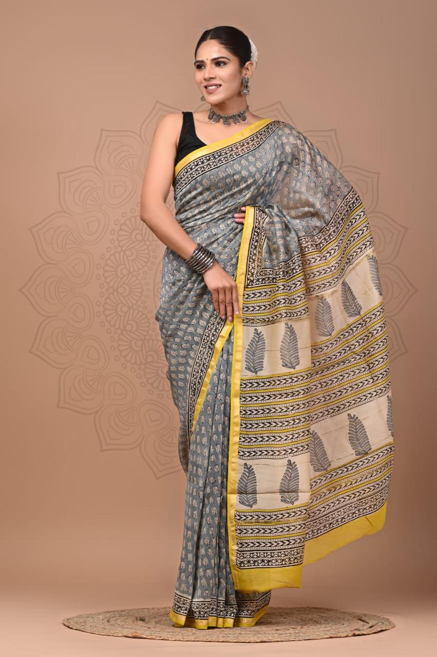 Grey Chanderi Hand Block Printed Saree