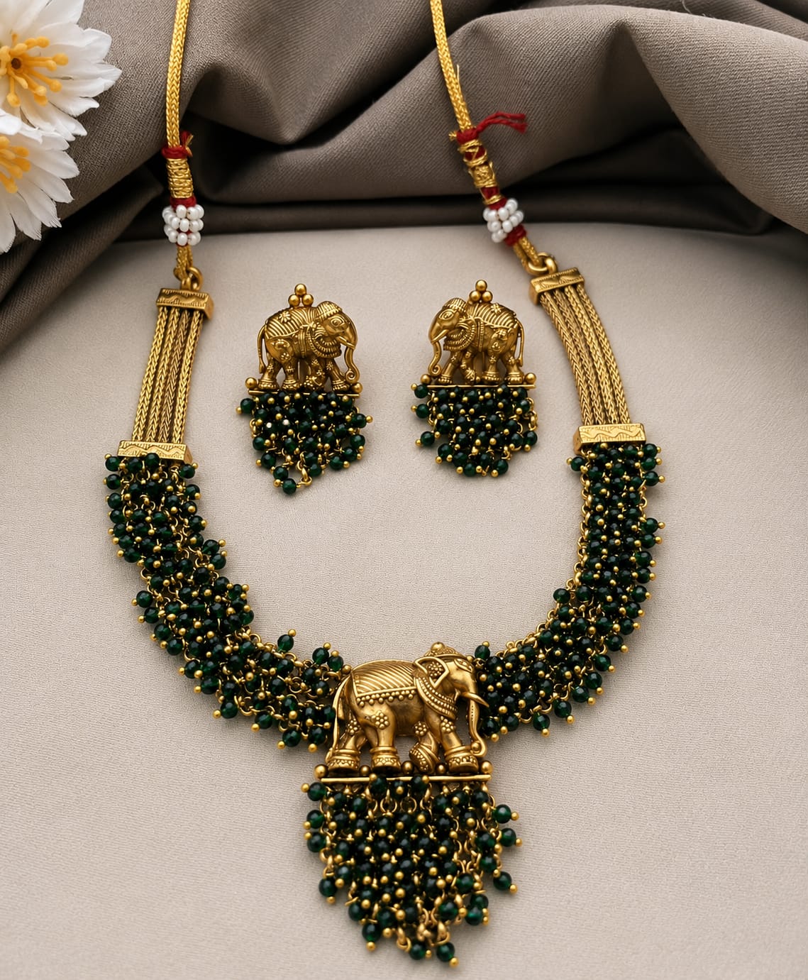 Green South Indian Traditional Elephant Styles Necklace Set