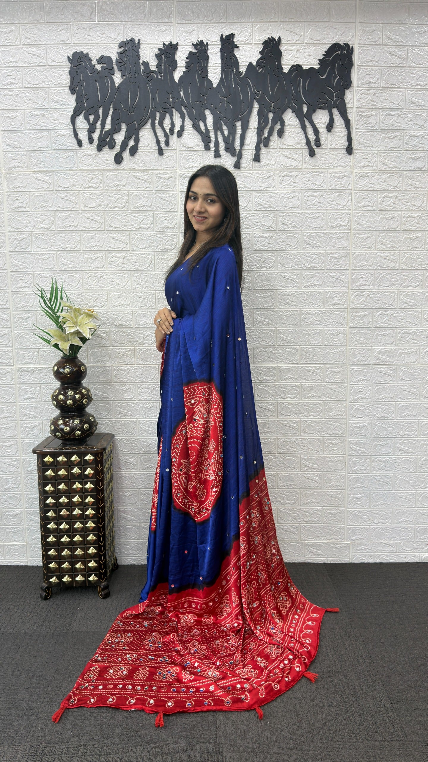 Blue Bandhani print Mirror Work Satin Silk Saree