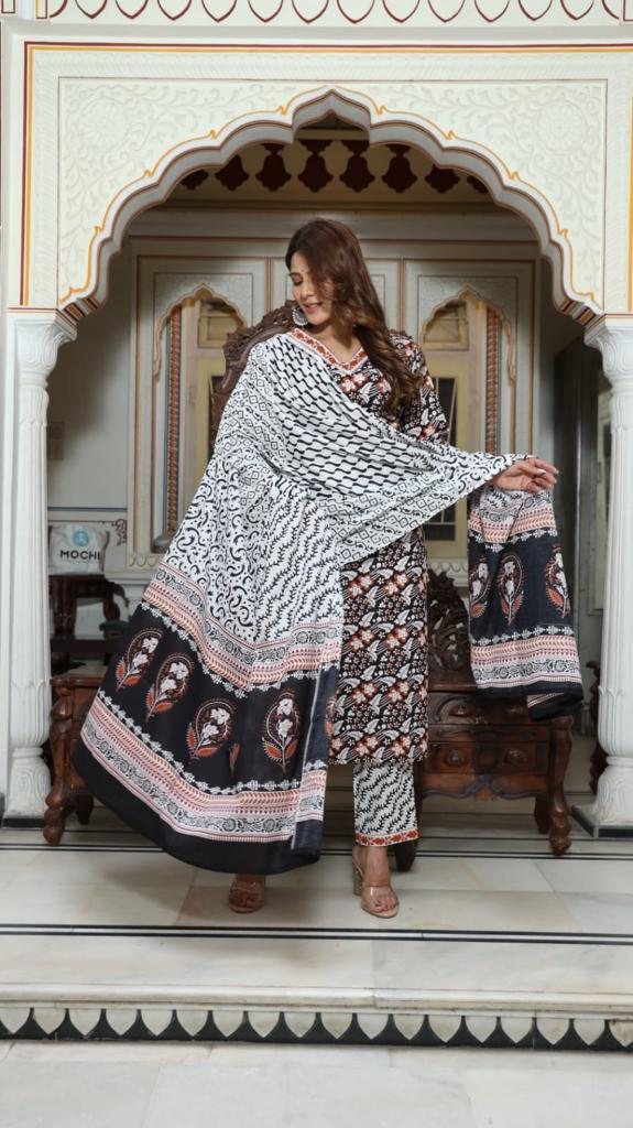 Black Block Print Suit Set With Dupatta