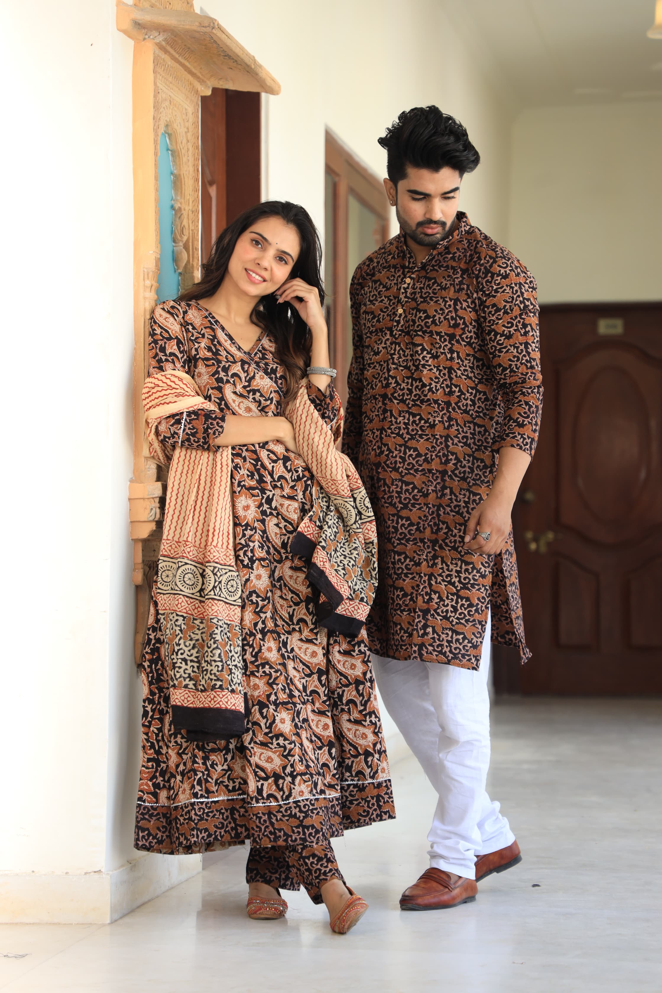 Black Bagru Block Printed Pure Cotton Twinning Couple Set