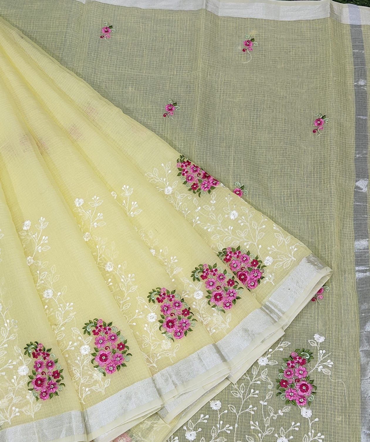 Pastel Yellow Kota Doria Embroidery Work Sari