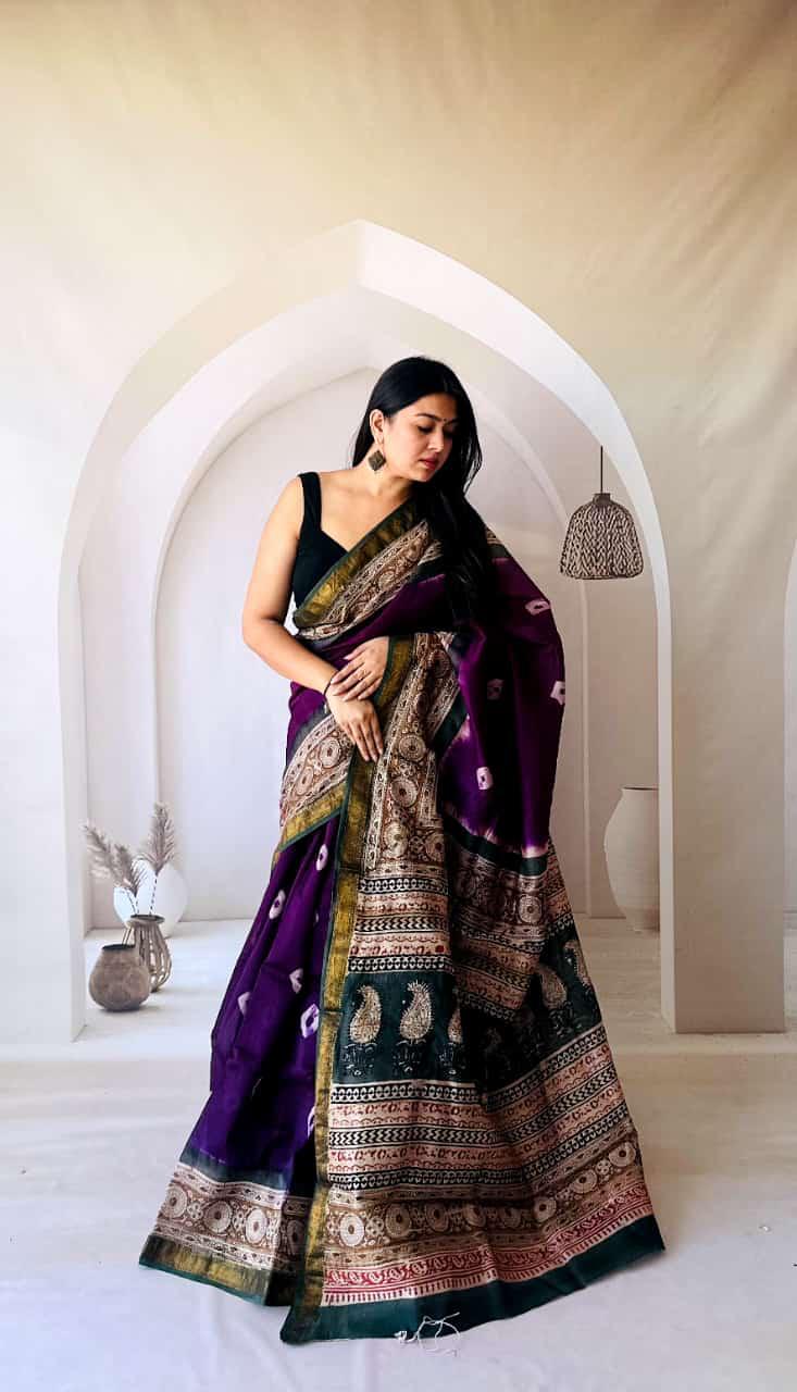 Dark Purple Maheshwari Silk Bagru Hand Block Print Saree