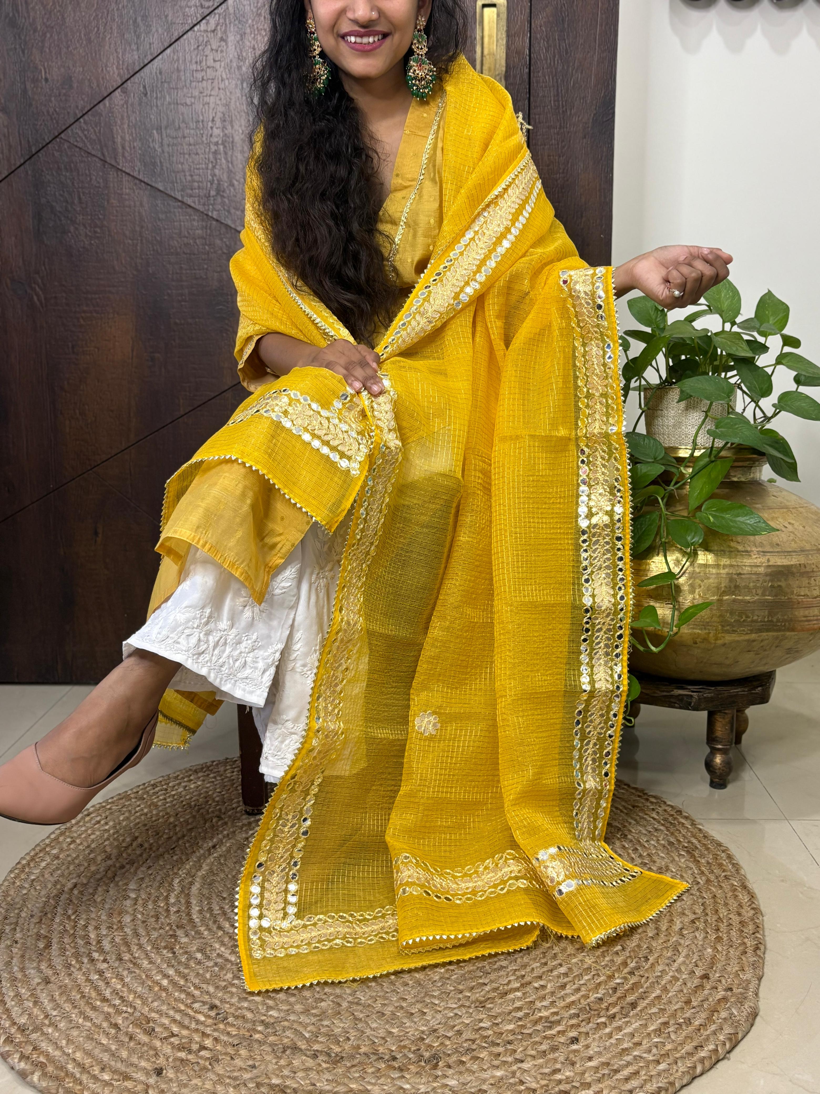 Yellow Kota Doria Heavy Gota Patti Work Dupatta