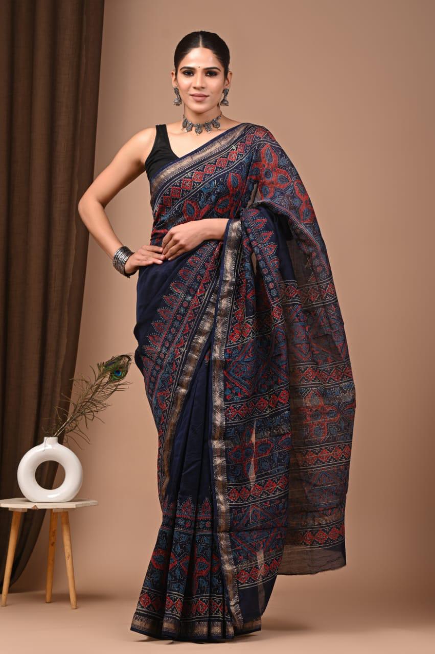 Blue Maheshwari Silk Bagru Hand Block Print Saree