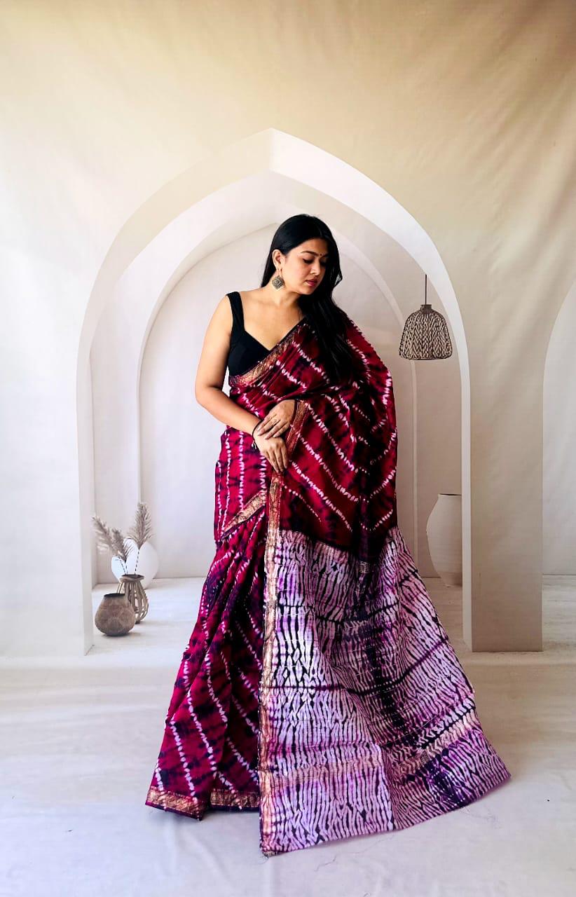 Maroon Maheshwari Silk Bagru Hand Block Print Saree