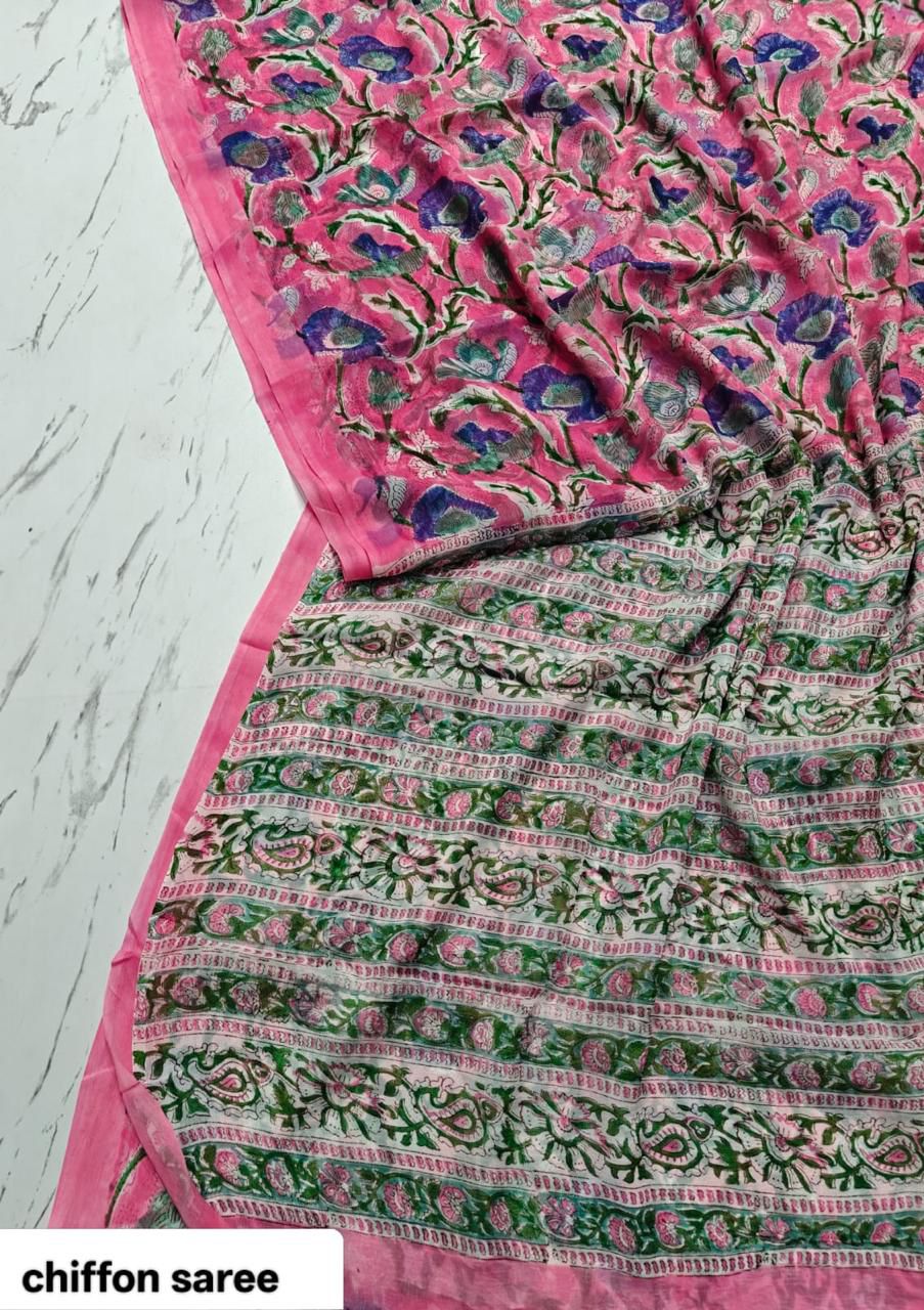 Double Diamond Pure Chiffon Sari in Pink