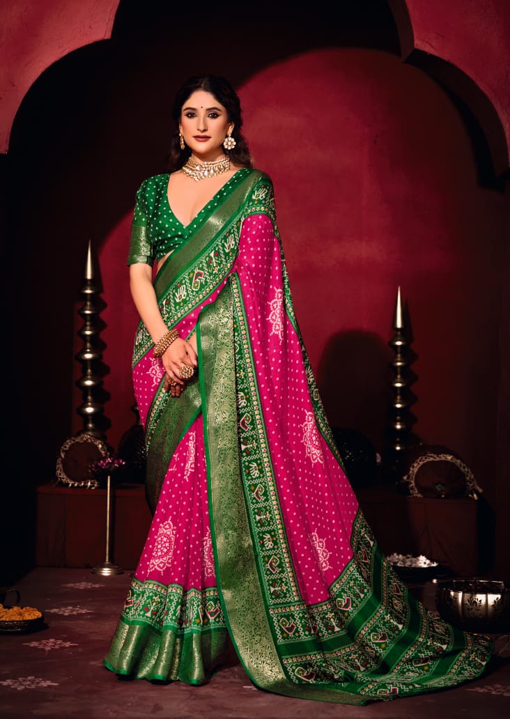 Pink & Green Pashmina Silk Patola Print Saree