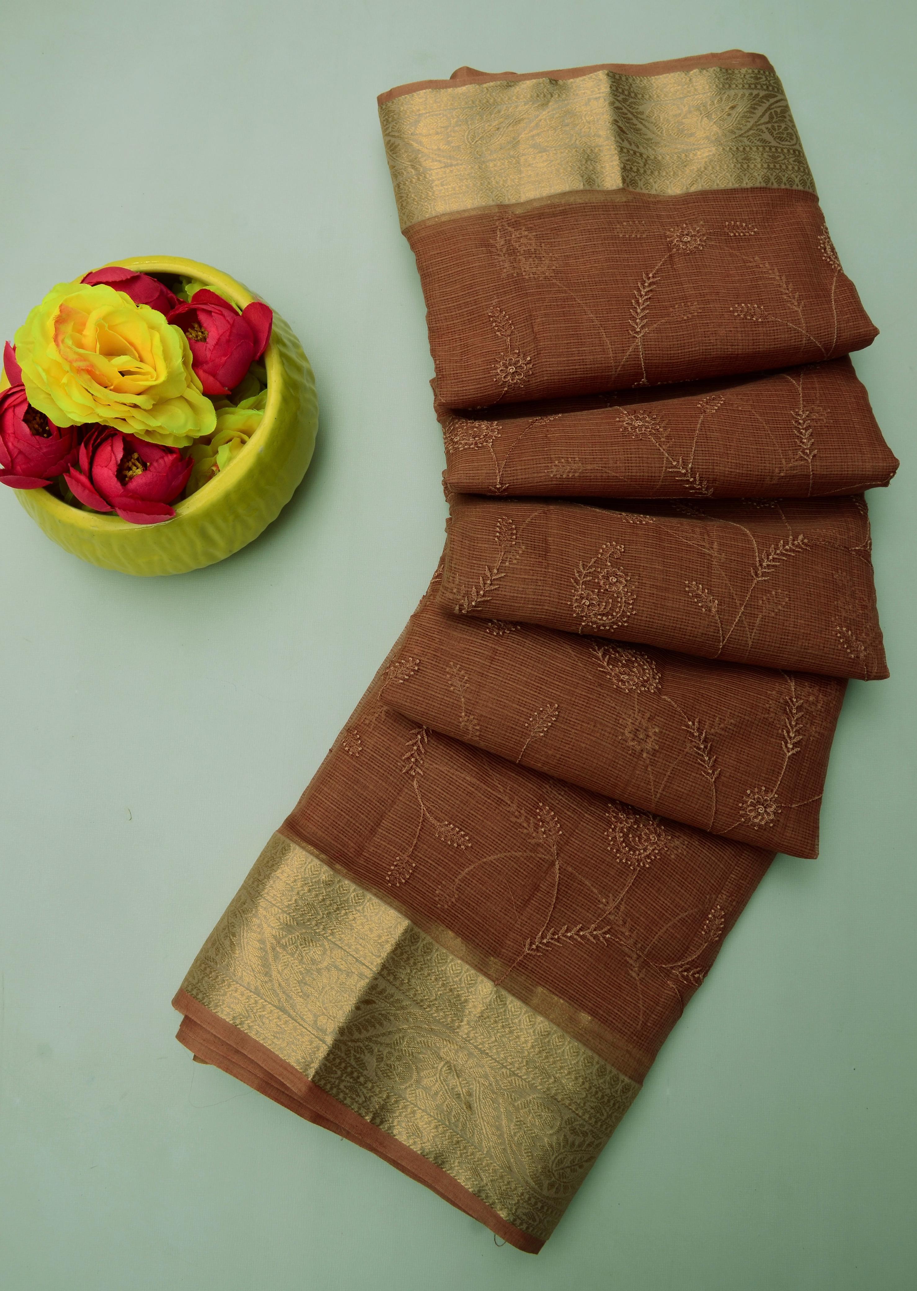 Kokila- Dark Brown Kota Doria All Over Embroidery Work Saree