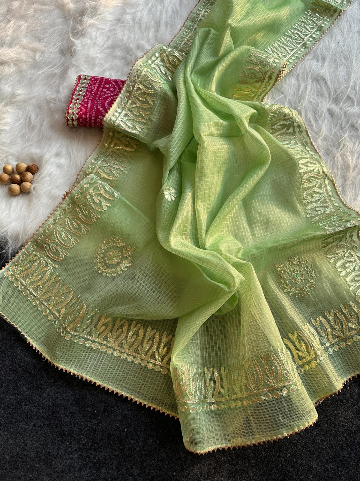 Anoli- Pista Green Kota Doria Gota Patti Saree