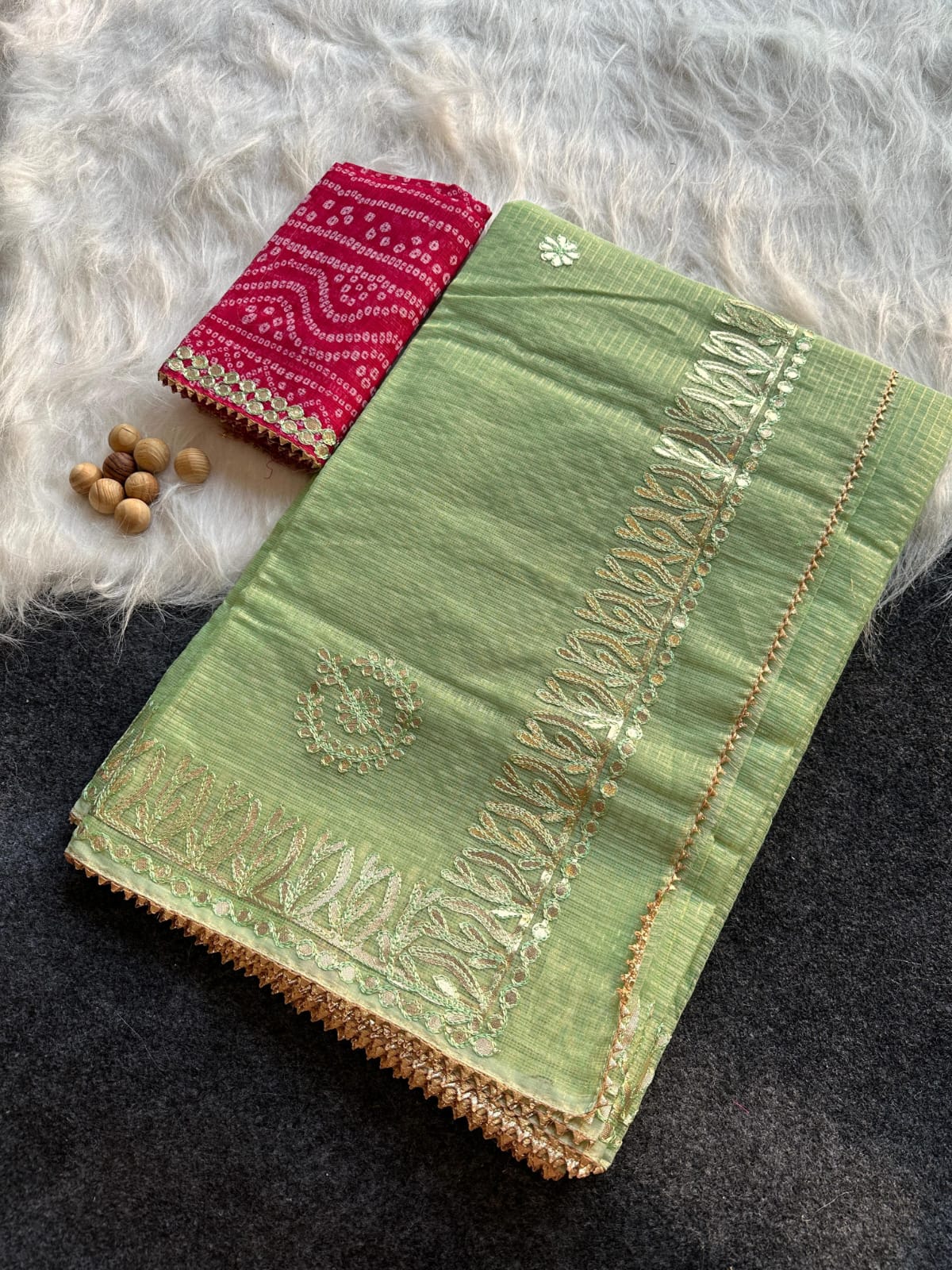 Anoli- Pista Green Kota Doria Gota Patti Saree
