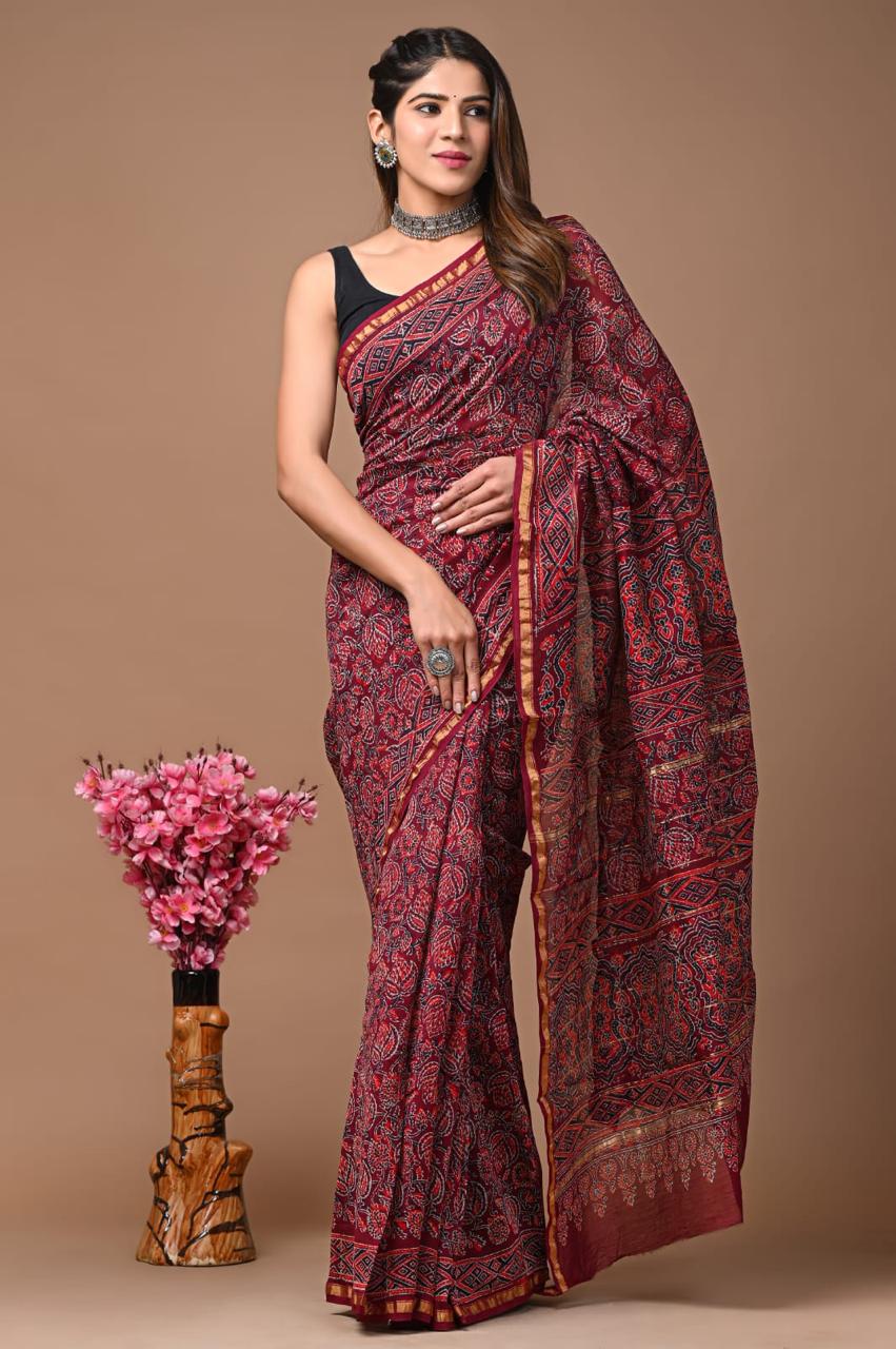 Maroon Chanderi Hand Block Printed Saree