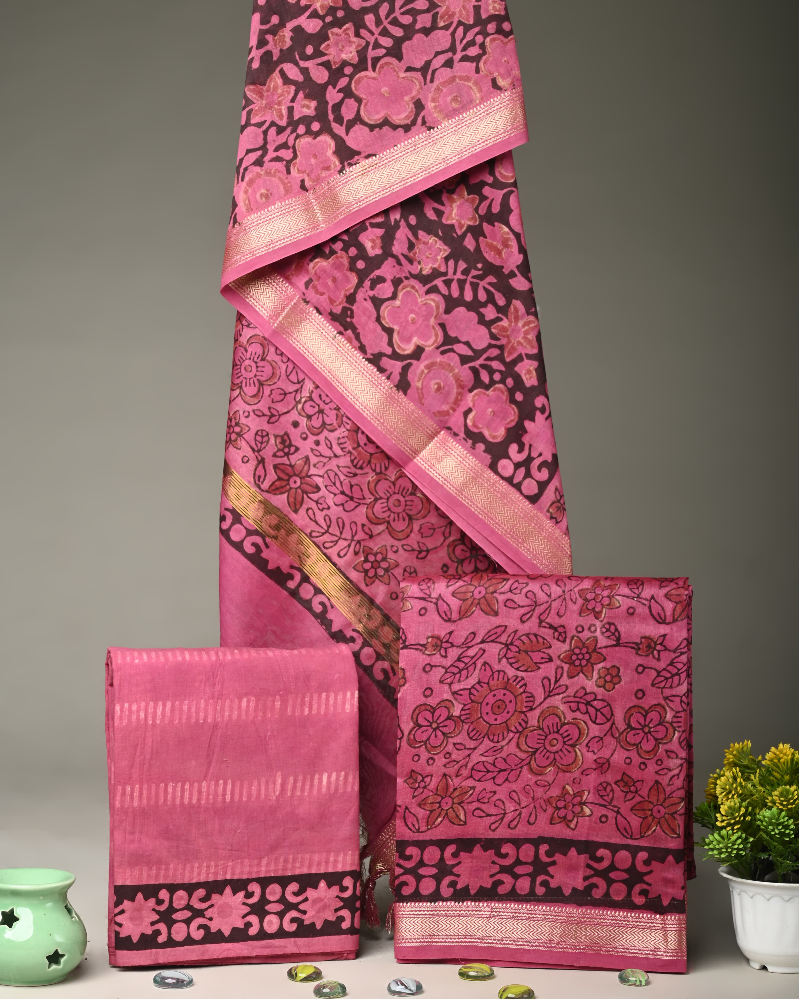 Pink ajrakh handblovk print Maheshwari silk 3 piece suit