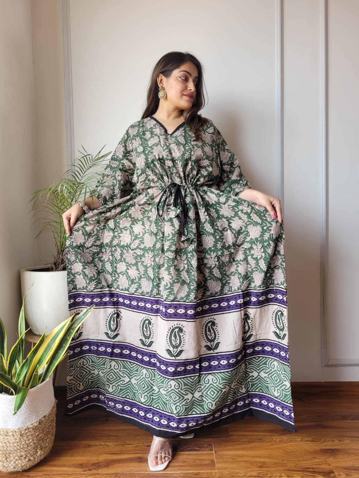 Printed Green Color Cotton Kaftan