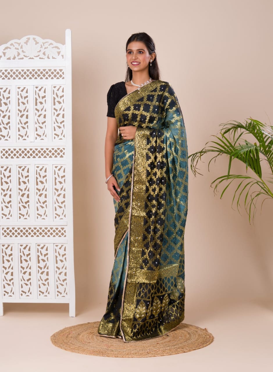 Grey & Black Ghatchola Banarasee Silk Hand Mirror Work Saree