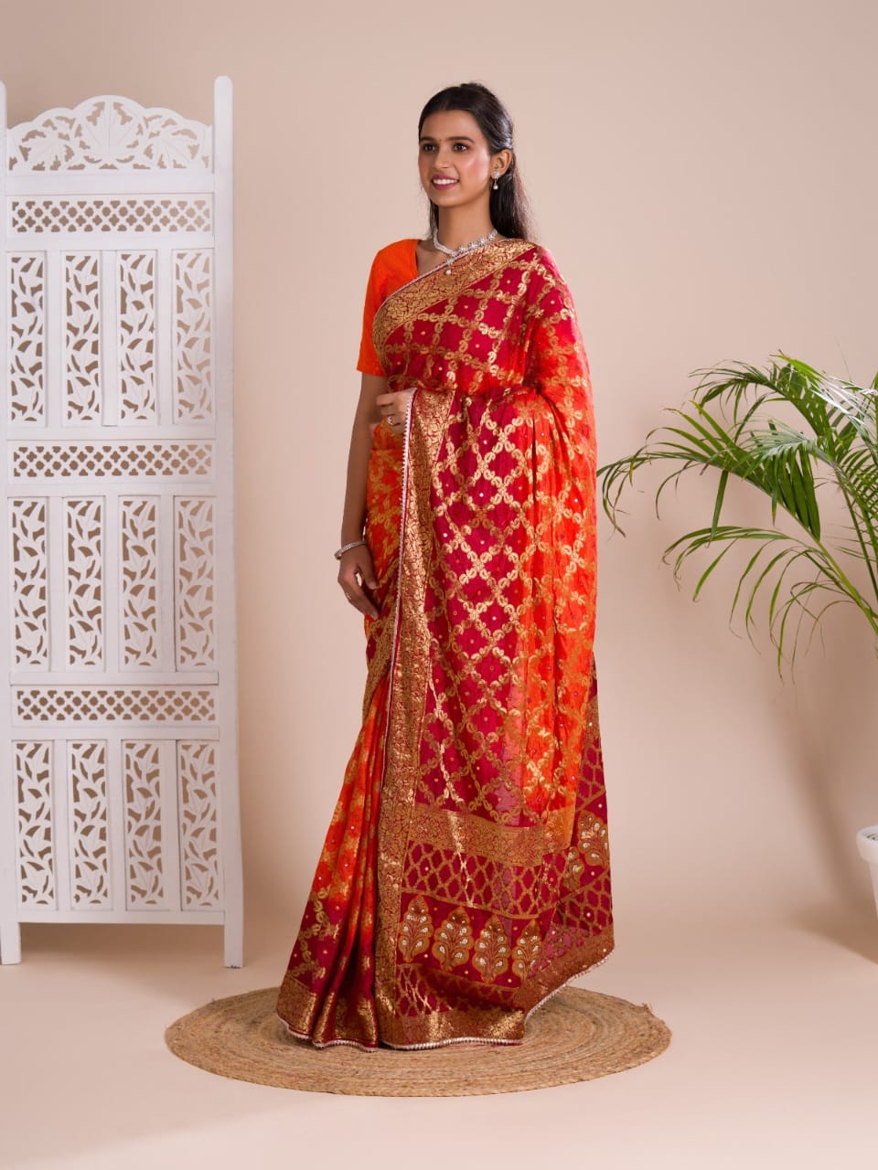 Orange & Red Ghatchola Banarasee Silk Hand Mirror Work Saree