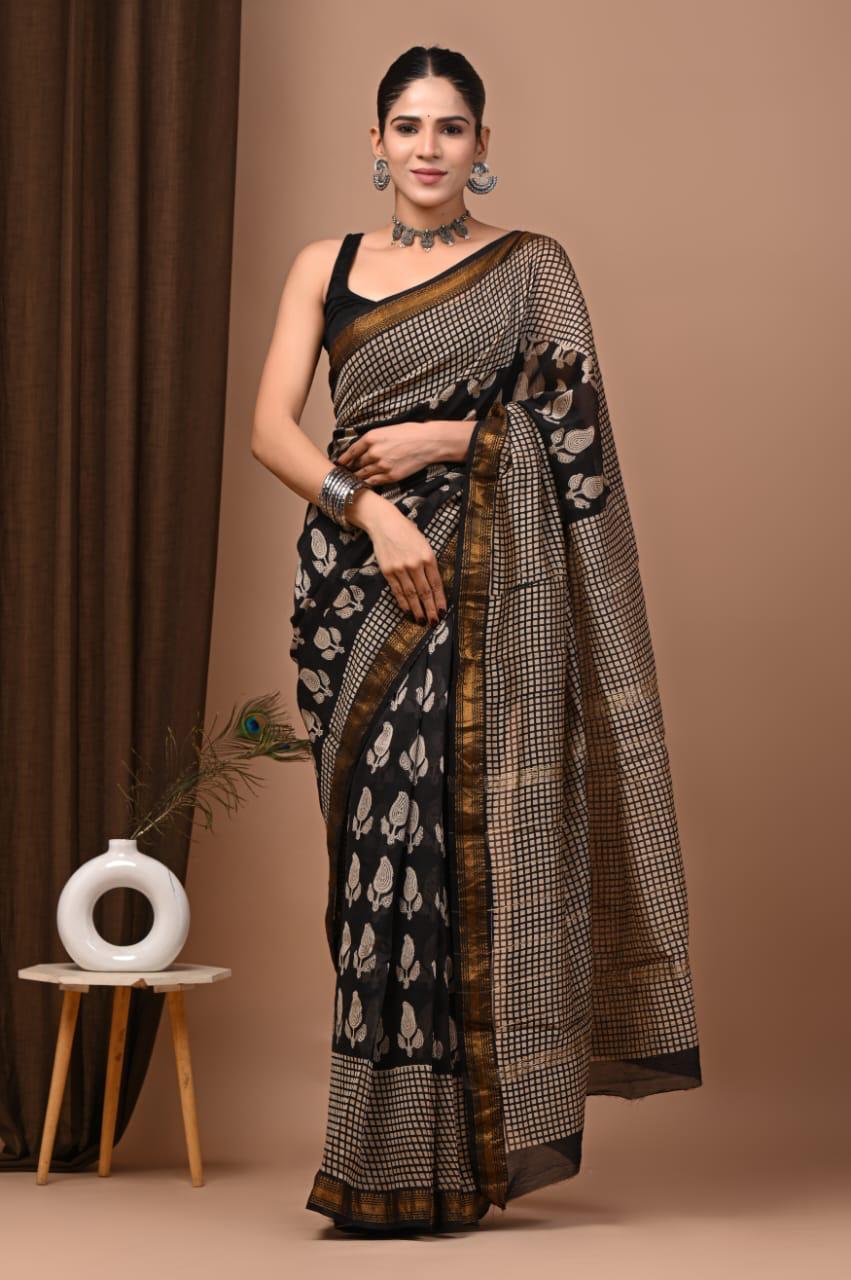 Black Maheshwari Silk Bagru Hand Block Print Saree