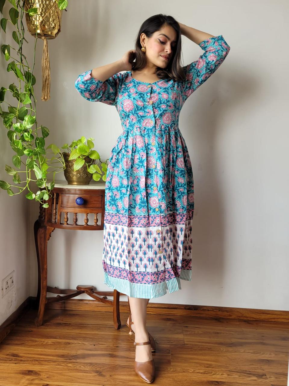 Bright blur floral bagru print summer dress