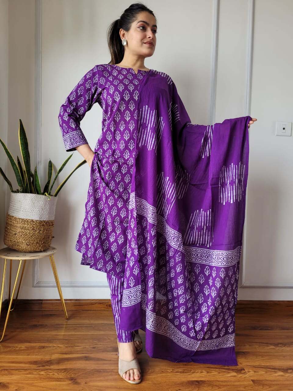 Summer Purple Block Print Suit Set And Dupatta
