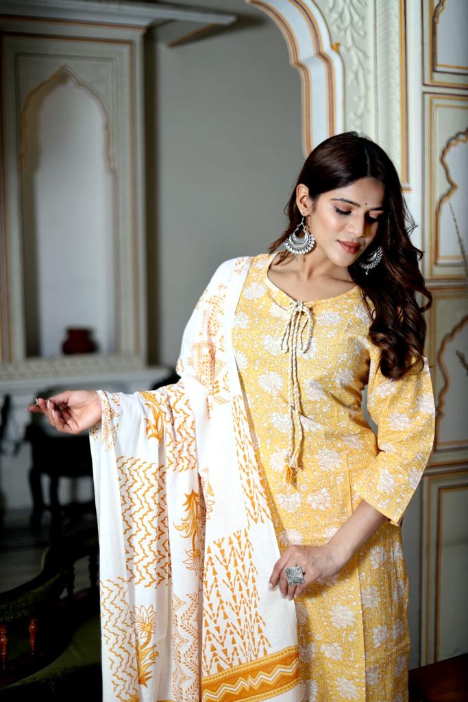 Yellow Block Print Suit Set With Dupatta