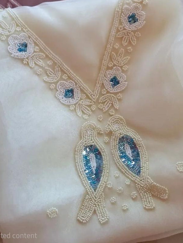 White Organza Suit With Beautiful Pearl Neck Work