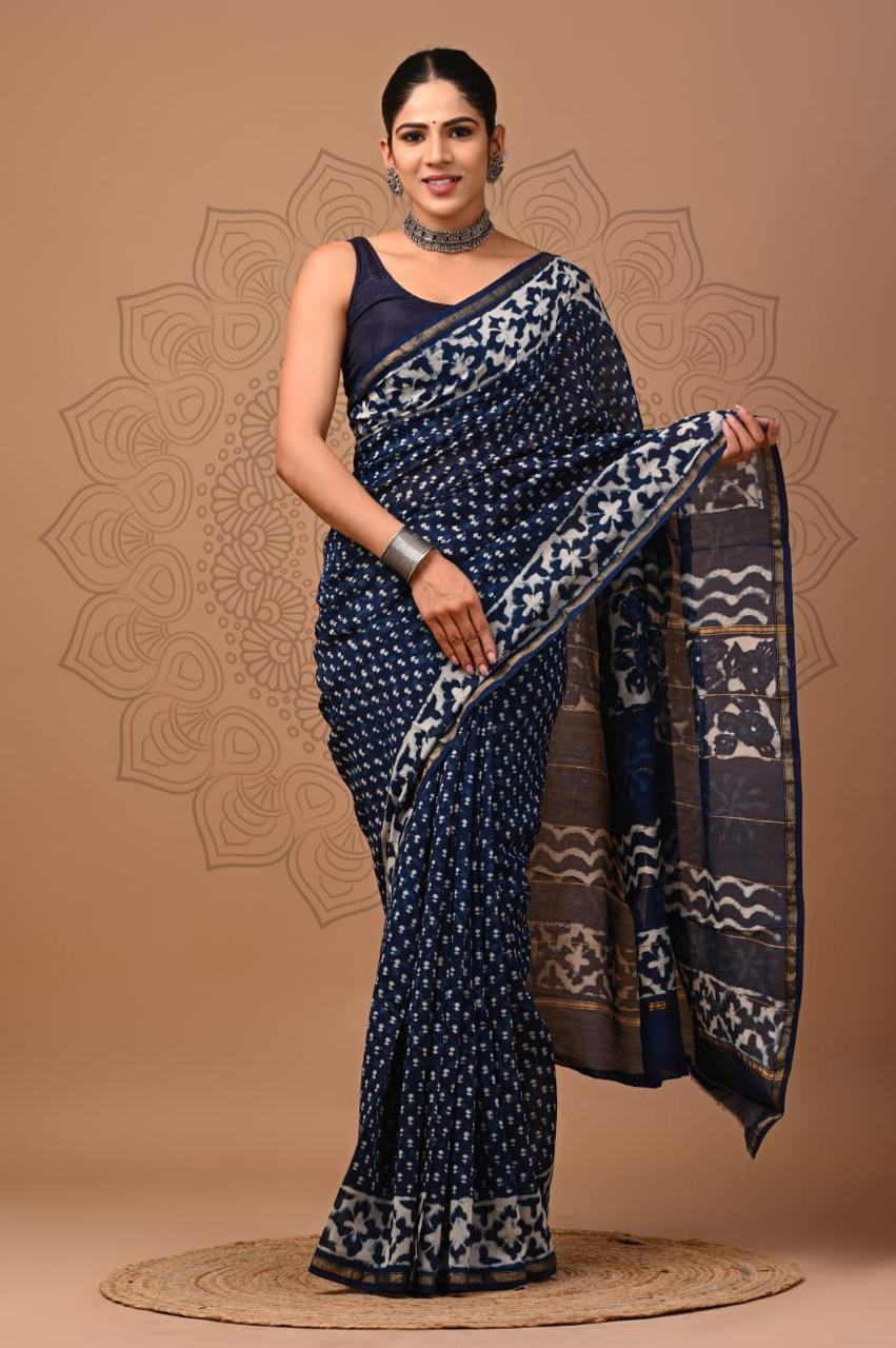 Ink blue Colour Chanderi Hand Block Printed Saree